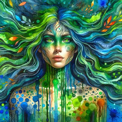 The primary subject of the image is a woman with long, flowing hair. She is painted with a variety of colors, including green, blue, and orange. The setting is a forest, with trees and leaves visible in the background. The visual style is a combination of digital art and illustration, creating a vibrant and lively atmosphere. The colors and mood of the image are lively and energetic, with the woman's hair and the forest's colors creating a sense of movement and dynamism.